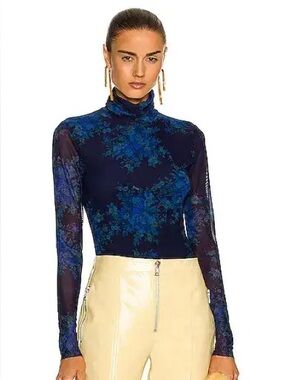 GANNI Long Sleeve Mesh Turtleneck Blue Floral size 44 XL